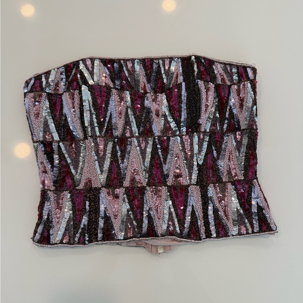 Vintage Scala Sequin Strapless Beaded Corset Top with Geometric Pattern